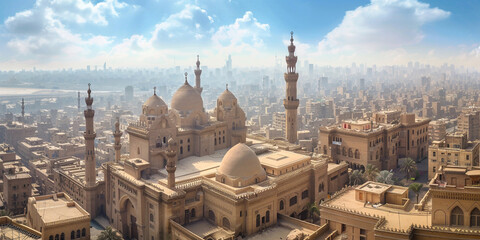 The Mosque-Madrasa of Sultan Hassan at sunset, Cairo Citadel, EgyptA digital painting of a city with a sky background and the words " the word " on the top. "

