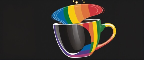 Rainbow cup of coffee with a cheerful rainbow flag on black background 