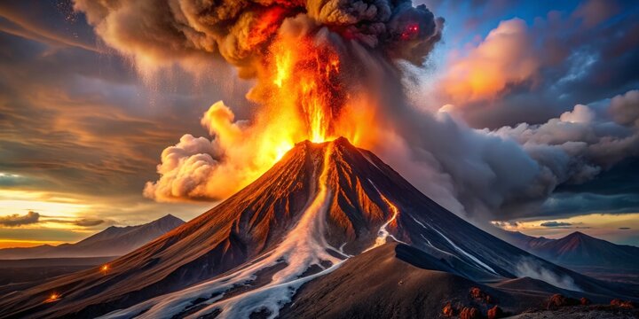 Close-up of the base of a Plinian eruption, pyroclastic flow and ash cloud illuminated by the setting sun, molten lava visible beneath the surface.