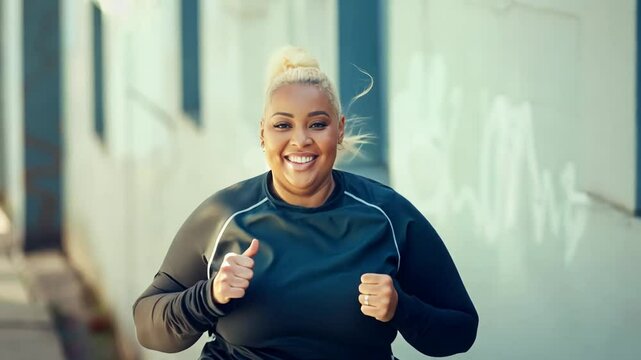 Happy black plus-sized woman with blonde hair jogging outdoors with a confident smile