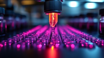 Closeup of a biochip array with microfluidic channels used for highthroughput genetic screening in a laboratory