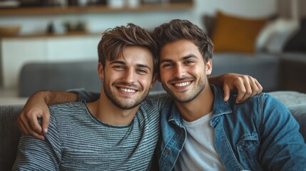 Fototapeta premium Young Men Smiling in Cozy Living Room
