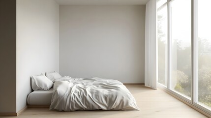 Serene and Cozy Minimalist Bedroom Interior With Large Window Light Grey Walls and Neatly Made White Duvet Bed