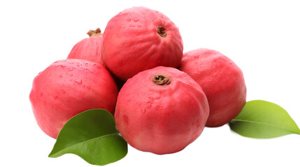 a group of red fruits with green leaves. 