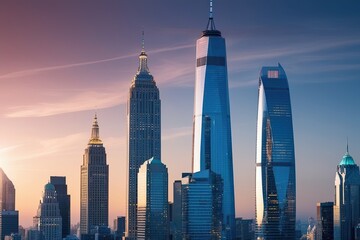Fototapeta premium Iconic Skyscrapers in Modern Digital Cityscape for Corporate Brochures and Promotional Marketing