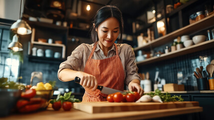 Asian woman slicing tomatoes on a cutting board in a modern kitchen. She is wearing an apron and surrounded by various fresh ingredients and kitchen utensils.