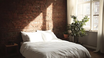 A tranquil and serene minimalist bedroom showcasing a bed against a brick accent wall featuring simple white linens and a small potted plant for a touch of natural decor