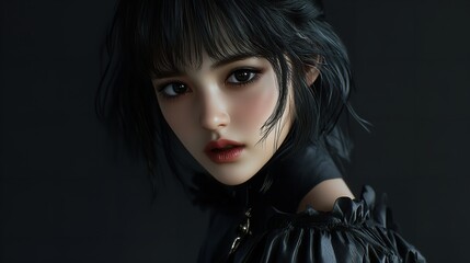 Fototapeta premium goth girl in black clothes, with black hair and dark makeup. youth subculture. style or outfit for a party.