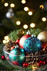 A close-up of Christmas tree ornaments in a bowl, featuring a mix of glass baubles, pine cones, and fairy lights