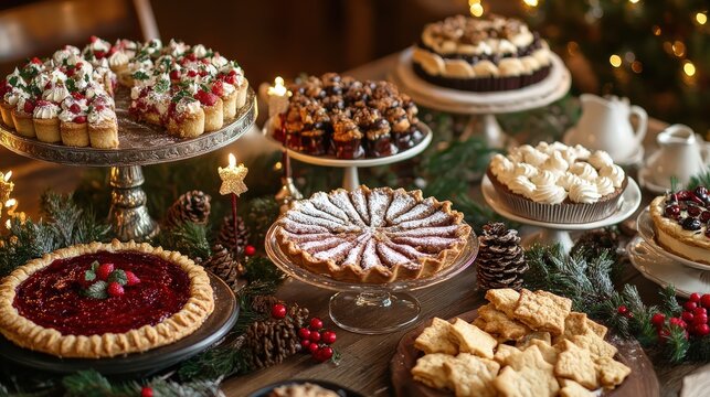 A beautifully arranged holiday dessert table showcases an array of vegan treats, all gluten free and lactose free, perfect for festive gatherings and celebrations