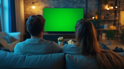 Couple watching TV with green screen in cozy living room