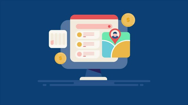 Search marketing, PPC advertising campaign contextual link and sponsored map listing on search engine page browser, video animation concept.