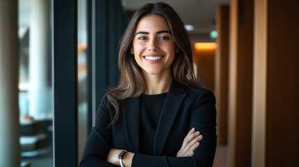 A confident businesswoman in a black suit with her arms crossed is smiling while standing indoors near large windows in a modern office setting.