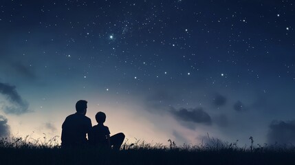 A father and his child having a heart-to-heart conversation while stargazing, sharing dreams and thoughts under a clear night sky.