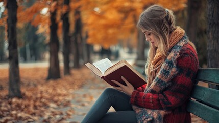 Obraz premium Girl reading a book in an autumn park on a bench