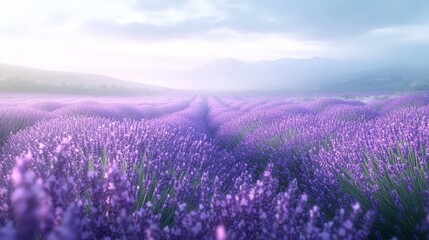 Fototapeta premium A field of lavender blossoms sways gently in the breeze, filling the air with its calming fragrance, while the soft purple hue of the flowers stretches out towards the horizon
