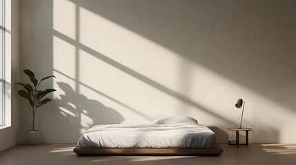 Minimalist and Serene Bedroom with a Plain Wall Small Bedside Table and a Modern Lamp for a Peaceful Cozy and Elegant Interior Design