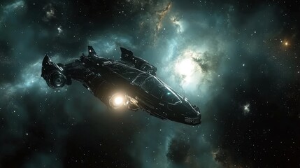 Fototapeta premium A futuristic spacecraft navigating through the dark, vast expanse of deep space, with distant stars and nebulae illuminating the journey.