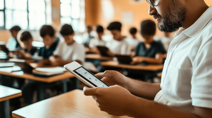 A classroom setting with students using tablets at their desks, while a teacher in focus in the foreground also uses a tablet.