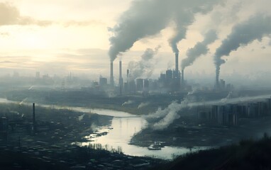 Industrial cityscape with factories emitting smoke into the atmosphere, highlighting pollution and...