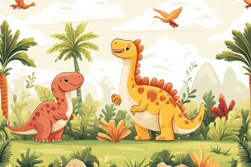 Two friendly dinosaurs standing in a lush prehistoric landscape