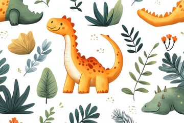 Orange brachiosaurus dinosaur smiling surrounded by green plants and flowers