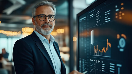A mature man with gray hair and glasses in a business suit is looking at the camera while standing next to a large screen displaying data and charts in an office setting.