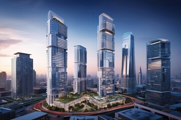 Naklejka premium Innovative Business Strategies in a Connected Urban Landscape with Modern Skyscrapers