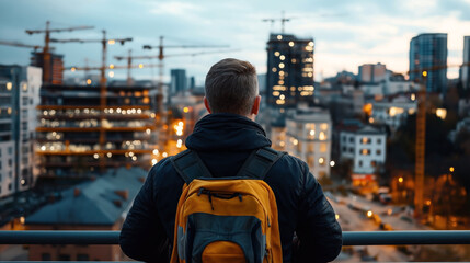 Obraz premium A person wearing a yellow backpack stands on a balcony overlooking an urban construction site with cranes and city buildings lit up in the evening.