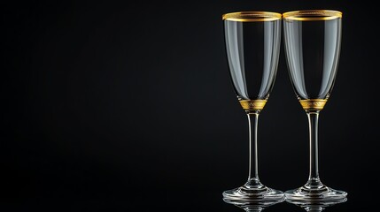 Two Empty Champagne Flutes with Gold Accents on Black Background
