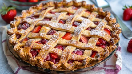Homemade Strawberry Rhubarb Pie on Table