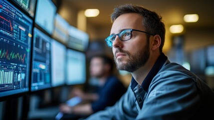 Fototapeta premium Man Analyzing Data on Multiple Computer Monitors