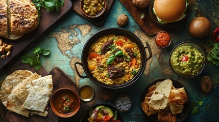 A global food tour featuring famous dishes such as Moroccan tagine, Italian risotto,