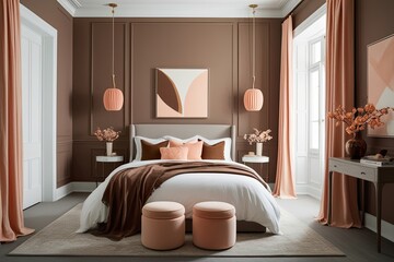 Fototapeta premium Stylish Bedroom Design with Soft Coffee and Peach Accents for a Serene and Chic Interior
