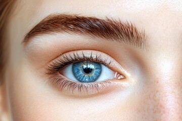Obraz premium Close-up of a beautiful human eye showcasing vibrant blue iris, delicate lashes, and well-groomed eyebrow highlighting natural beauty.