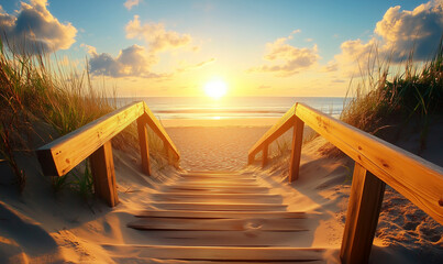 wooden bridge over the dunes to the sandy beach at the ocean
