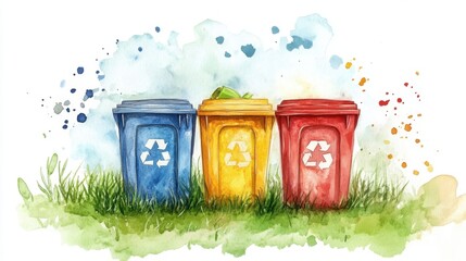 Colorful Recycling Bins Watercolor Illustration on Grass