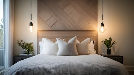 A tranquil and elegantly designed modern bedroom featuring a plush neutral bedding set a geometric patterned headboard and stylish pendant lighting creating a serene and sophisticated ambiance