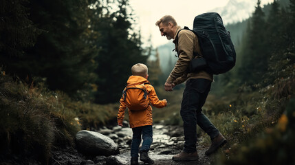 A man and a boy, both carrying backpacks, walking through a forest along a rocky path. They are dressed in hiking gear, and the background features dense trees and mountains.
