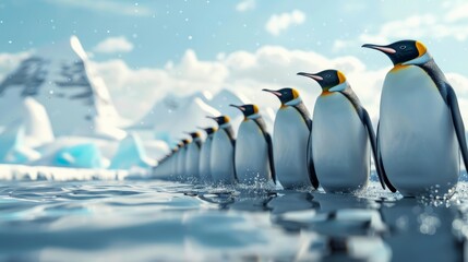 Obraz premium View of a penguin colony on ice flat design front view polar life theme 3D render vivid