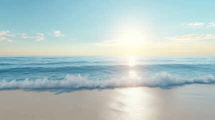 Obraz premium peaceful beach scene with a clear, sunny sky and calm ocean, the gentle waves lapping at the shore and the sunlight casting a warm glow on the water