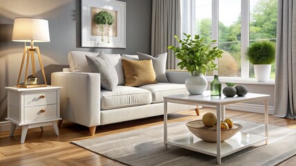 A stylish modern living room features a minimalist white end table paired with tasteful decorative accents, perfectly