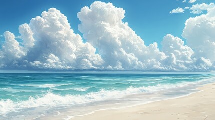 Obraz premium serene beach with large, billowing clouds above, the clear blue water and soft sand creating a peaceful and inviting atmosphere for relaxation