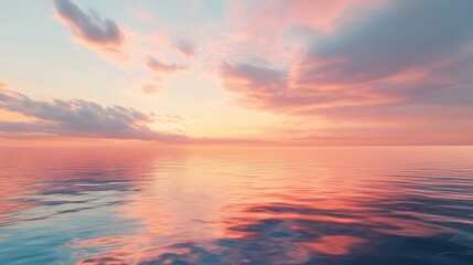 Fototapeta premium serene ocean under a sky painted with hues of pink and orange during a sunset, where the colors merge beautifully with the reflective water below