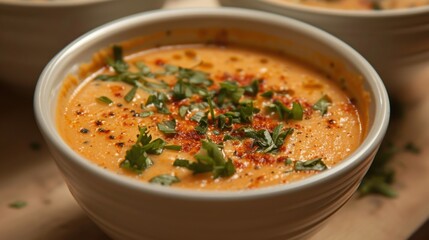 Creamy Cauliflower Soup Bowl Topped with Fresh Herbs and Spices. Spiced Cauliflower Soup