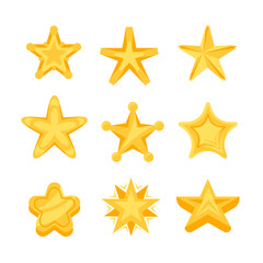 Set of nine different cartoon style gold stars shining brightly.