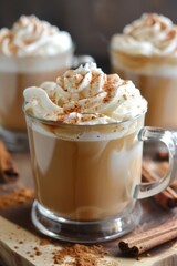 Gourmet Cinnamon Spiced Latte with Whipped Cream in Clear Mugs. Slow Cooker Spiked Cinnamon Lattes