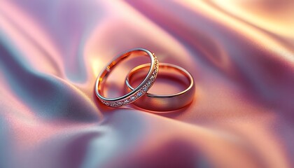 Two Golden Wedding Bands with Diamonds on Pink Satin