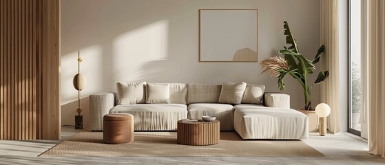 Minimalist Living Room with Beige Sofa and Wooden Accent Table