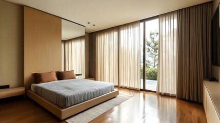 Minimalist and modern bedroom interior with a minimalist bed a large wall mirror and floor to ceiling drapes creating a clean bright and serene atmosphere